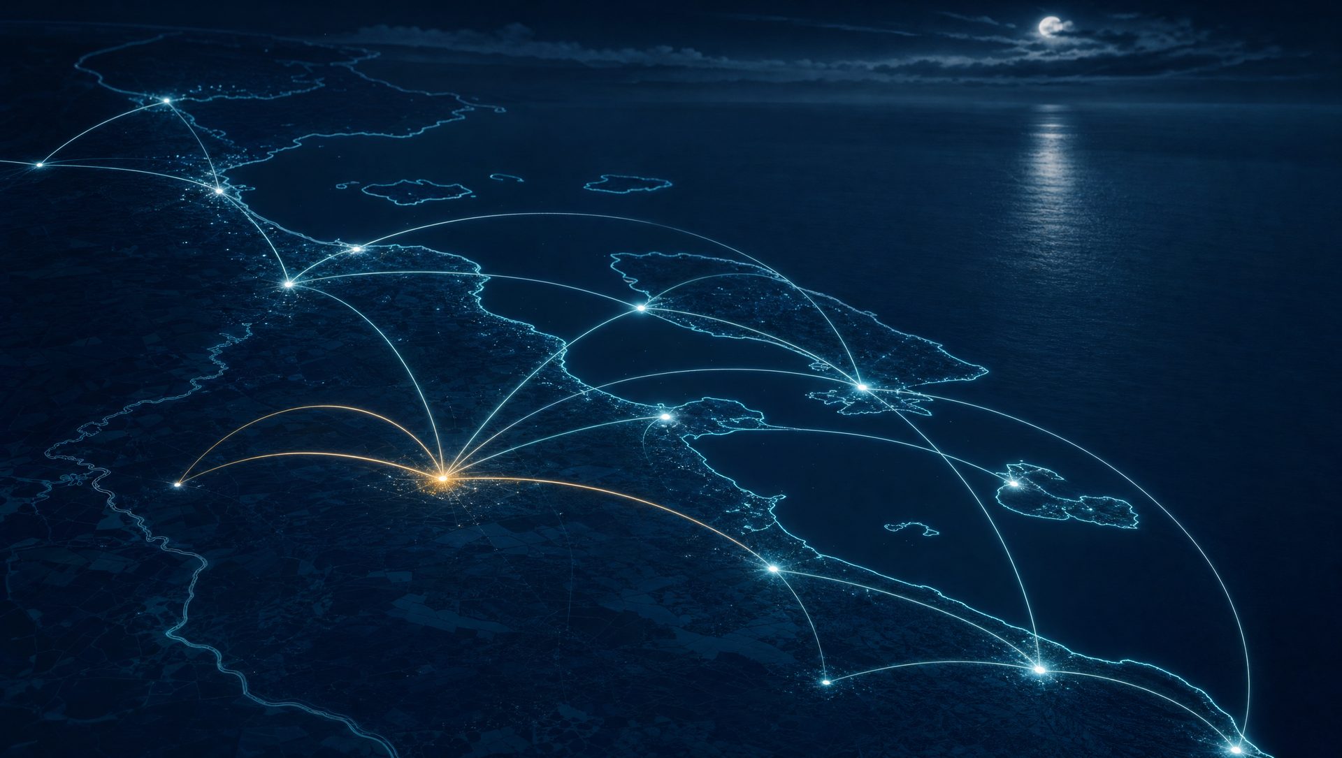 Karte der Ostseeküste als leuchtendes Netzwerk mit Knotenpunkten